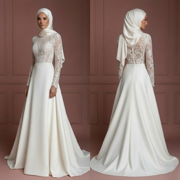 Hijab Bridal Weddding Dress With Romantic Lace Style Muslim