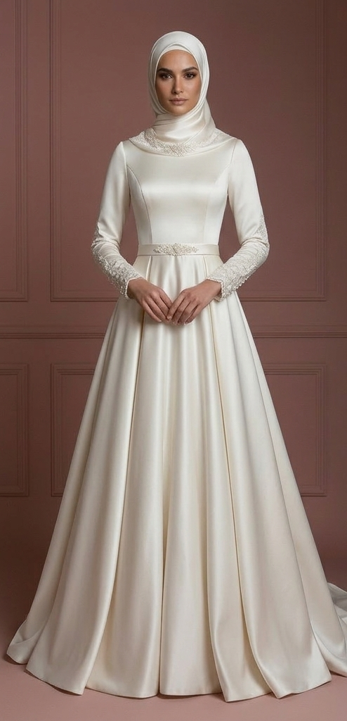 Hijab Wedding Dress For Winter Wedding Satin Style Muslim