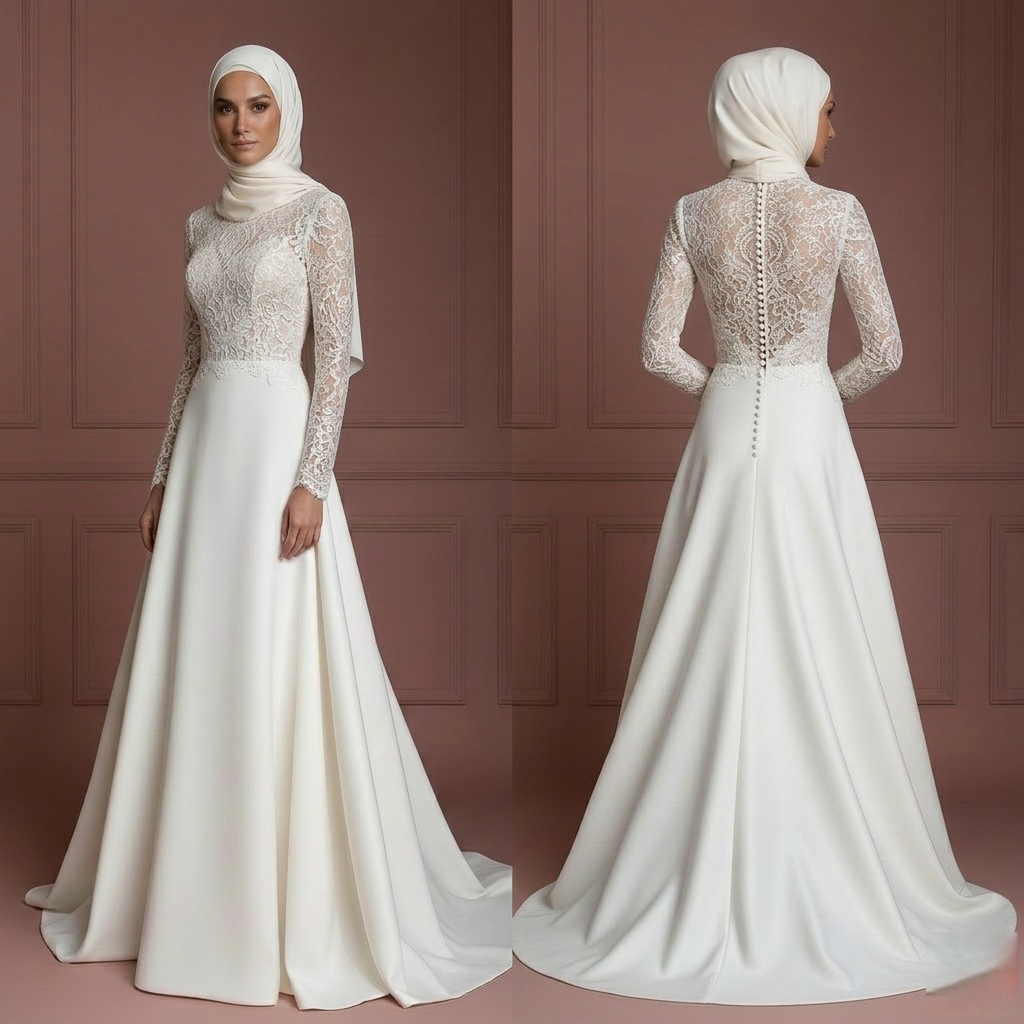 Hijab Wedding Dress Lace Long Sleeve Modest Bridal Muslim