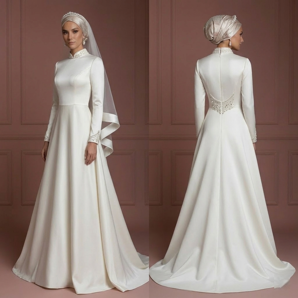 Hijab Wedding Dress With Closed Back Modest Bridal Muslim