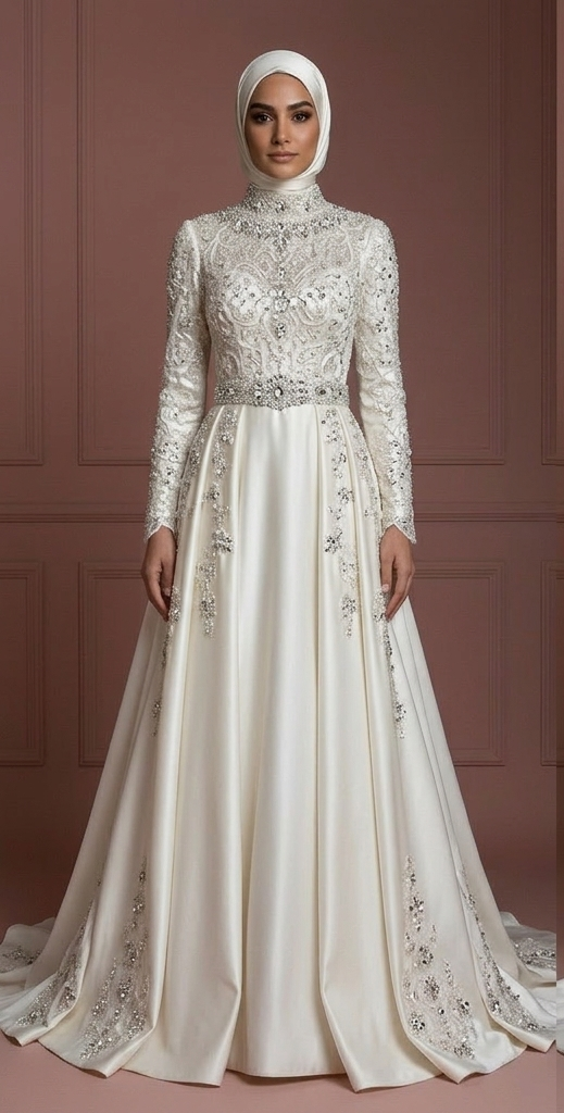 Hijab Wedding Dress With Crystal Embellishment Luxury Muslim