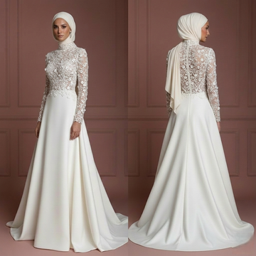 Hijab Wedding Dress With Floral Lace Pattern Muslim