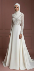 Hijab Wedding Dress With Lace Cap Sleeves Muslim
