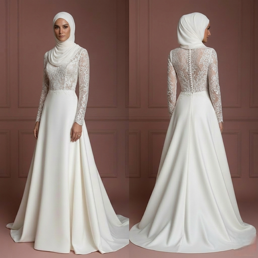Hijab Wedding Dress With Lace Cap Sleeves Muslim