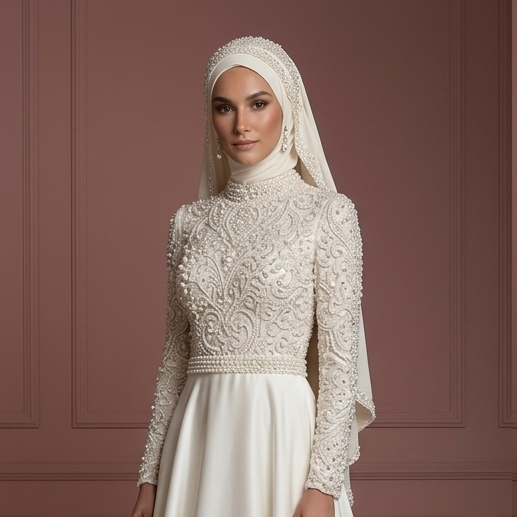 Hijab Wedding Dress With Pearl Beading Luxury Bridal Muslim
