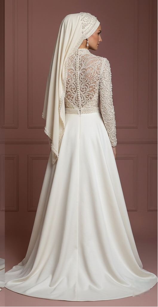 Hijab Wedding Dress With Pearl Beading Luxury Bridal Muslim