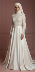 Hijab Wedding Dress With Pearl Beading Luxury Bridal Muslim