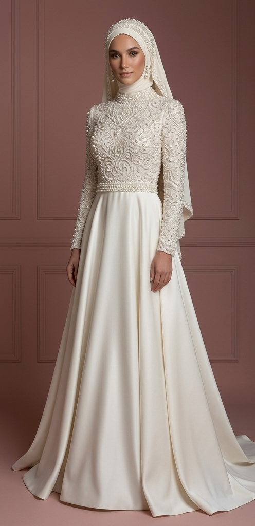 Hijab Wedding Dress With Pearl Beading Luxury Bridal Muslim