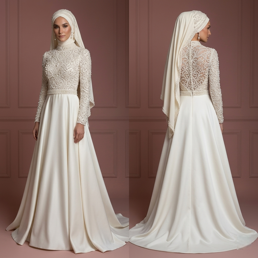 Hijab Wedding Dress With Pearl Beading Luxury Bridal Muslim