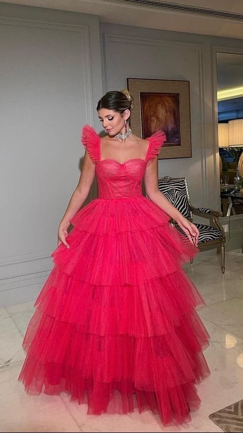 Modern Red Soft Tulle Prom Dress Cap Sleeves Tiered Pleat Ruched Floor Length Gown Homecoming Dresses Graduation Party