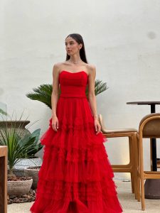 Elegant Red Tulle Prom Dress A-Line Strapless Tiered Ruffles Floor Length Evening Dress vestido para eventos especiale