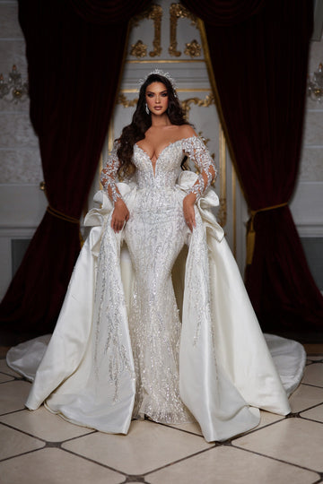 Luxury Appliques Beadings Wedding Dresses Sexy Deep V Neck Mermaid Bridal Gown Romantic Vestidos De Novia With Detachable Train