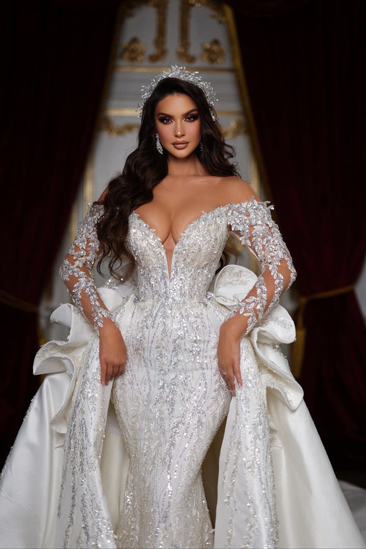 Luxury Appliques Beadings Wedding Dresses Sexy Deep V Neck Mermaid Bridal Gown Romantic Vestidos De Novia With Detachable Train