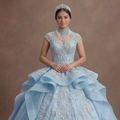 Ice Blue Quinceañera Dress with Silver Lace Fabric