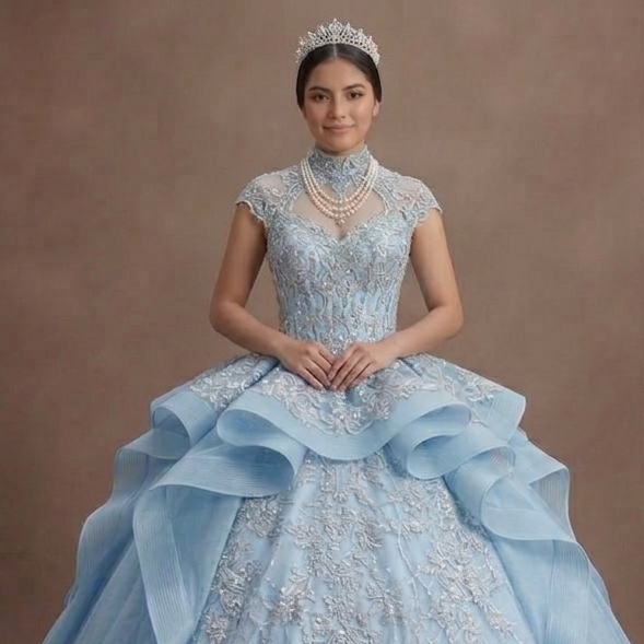 Ice Blue Quinceañera Dress with Silver Lace Fabric
