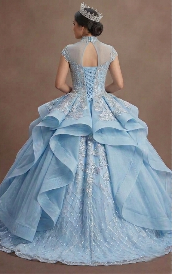 Ice Blue Quinceañera Dress with Silver Lace Fabric
