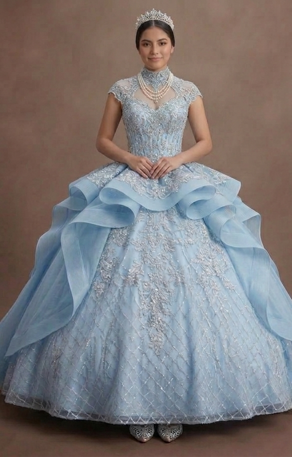 Ice Blue Quinceañera Dress with Silver Lace Fabric