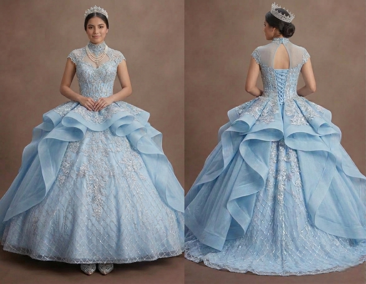 Ice Blue Quinceañera Dress with Silver Lace Fabric
