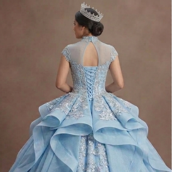 Ice Blue Quinceañera Dress with Silver Lace Fabric