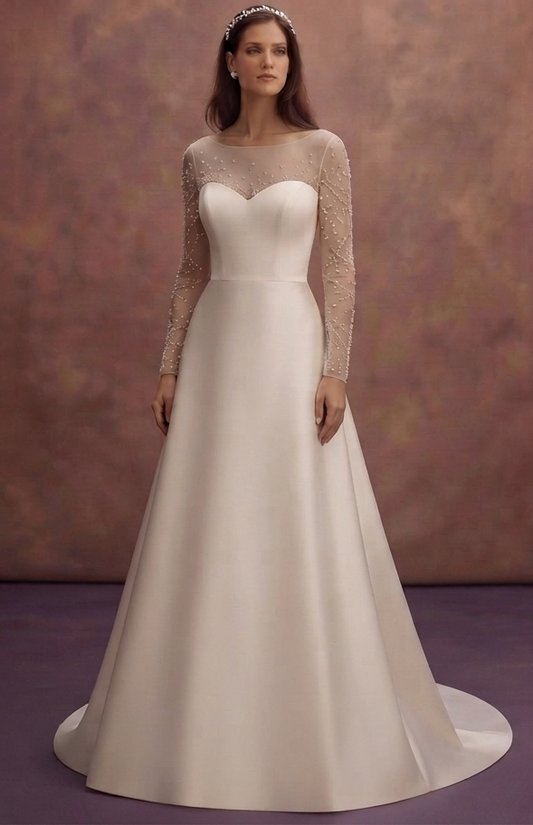 Illusion Sleeve Satin Wedding Dresses with Elegant Charm