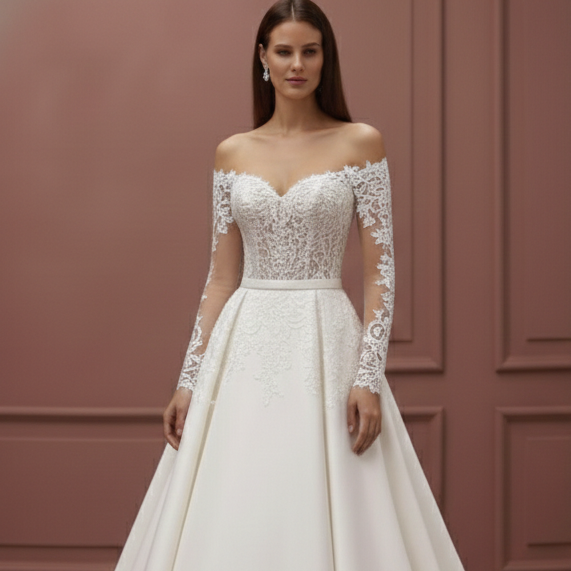 Illusion Sleeve Wedding Dress Sheer Lace Long Bodice Elegant