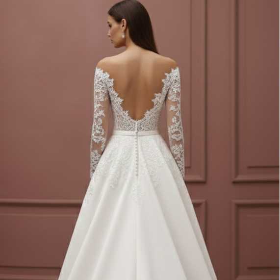 Illusion Sleeve Wedding Dress Sheer Lace Long Bodice Elegant