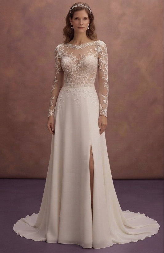 Illusion Sleeve Wedding Dresses with Delicate Lace
