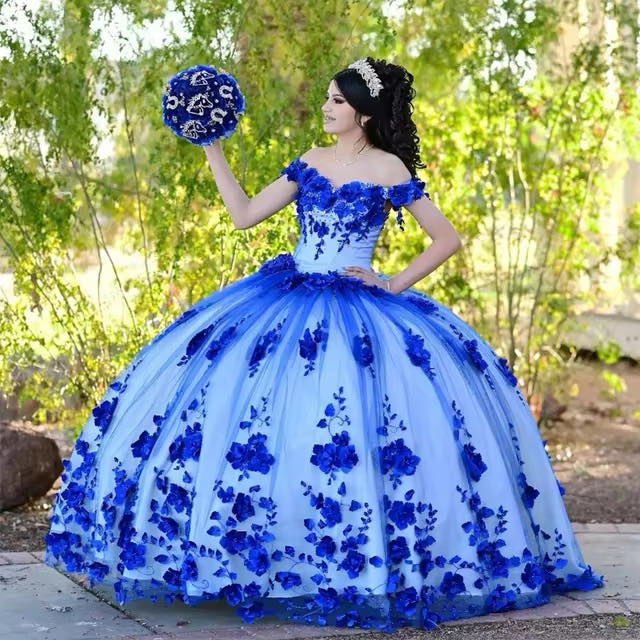 Royal Blue Beaded Pearls 3D Flowers Quinceanera Dresses Off The Shoulder Ball Gown