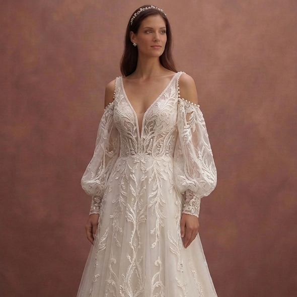 Ivory A-Line Wedding Dress with Detachable Lace Sleeves
