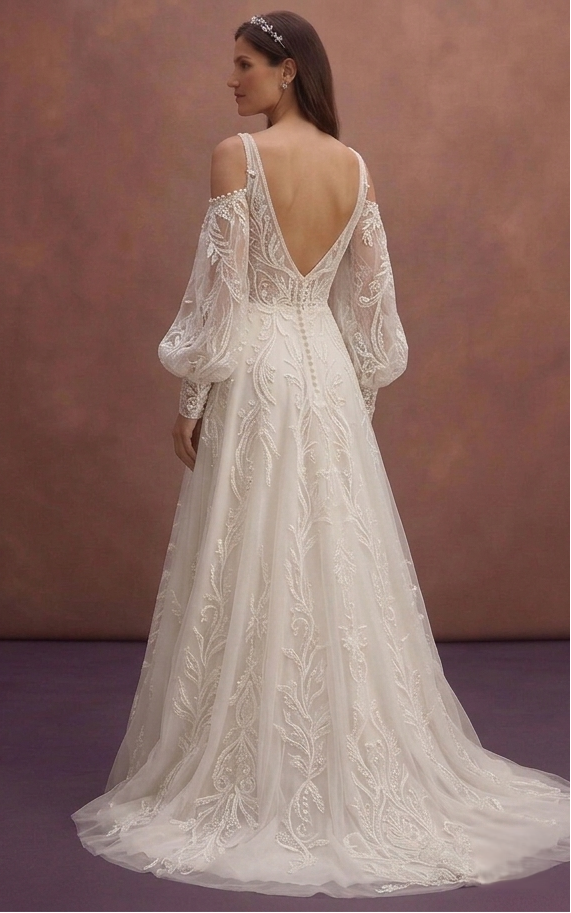 Ivory A-Line Wedding Dress with Detachable Lace Sleeves