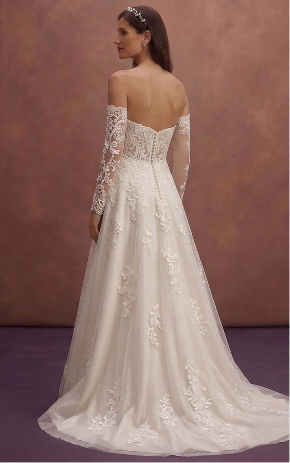 Ivory A-Line Wedding Dress with Detachable Lace Sleeves