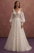 Ivory A-Line Wedding Dress with Detachable Lace Sleeves