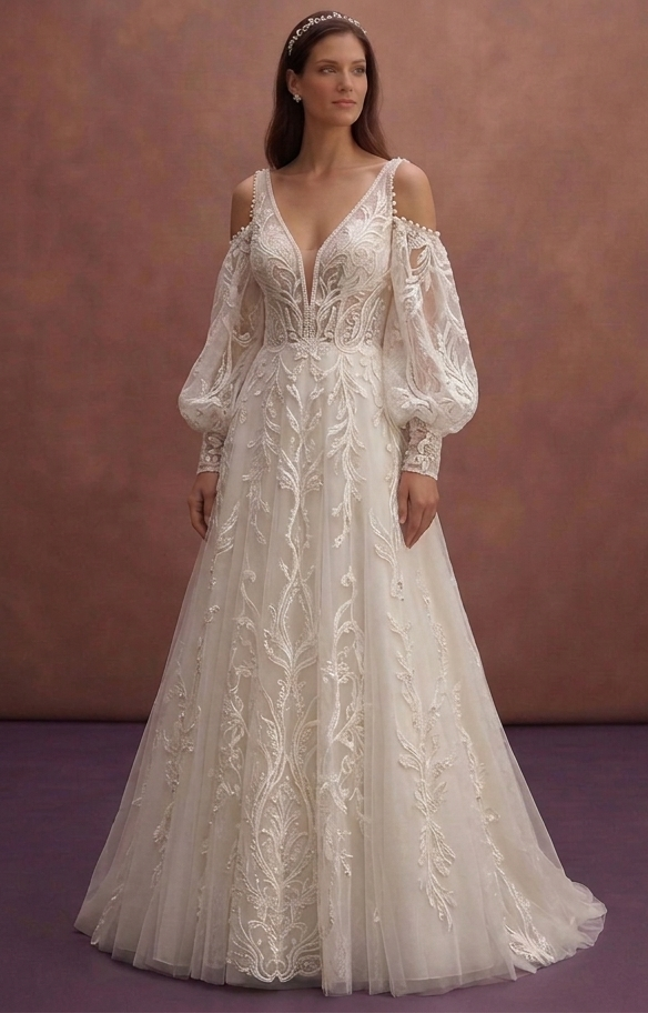 Ivory A-Line Wedding Dress with Detachable Lace Sleeves