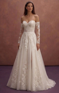 Ivory A-Line Wedding Dress with Detachable Lace Sleeves