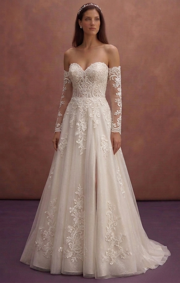 Ivory A-Line Wedding Dress with Detachable Lace Sleeves
