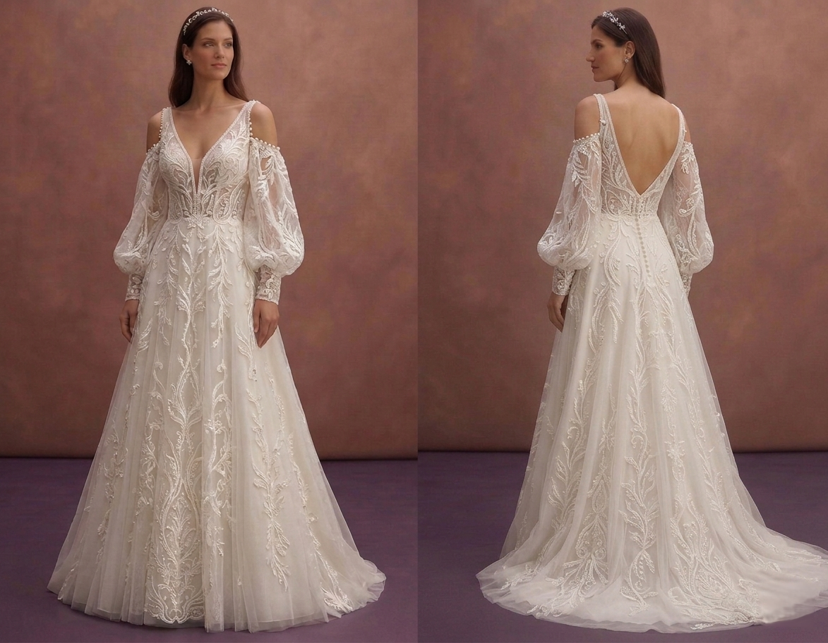 Ivory A-Line Wedding Dress with Detachable Lace Sleeves