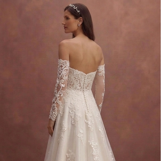 Ivory A-Line Wedding Dress with Detachable Lace Sleeves