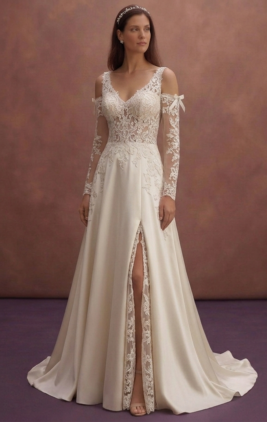 Ivory A-Line Wedding Dress with Detachable Sleeves