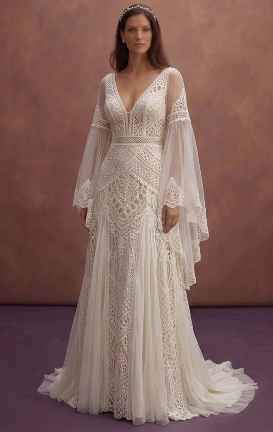Ivory Boho Bridal Dress with Flowing Bell Sleeve Style