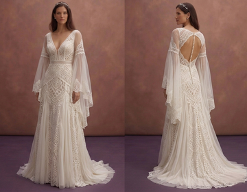 Ivory Boho Bridal Dress with Flowing Bell Sleeve Style