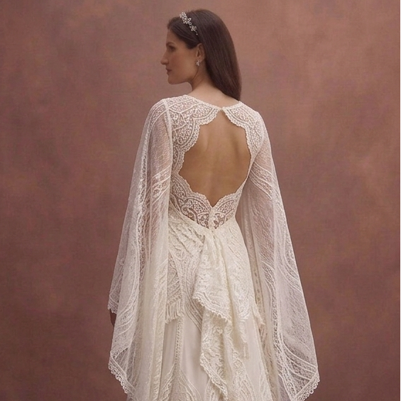 Ivory Boho Lace Wedding Dress with Flowy Sleeves