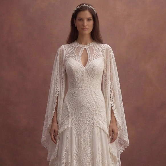 Ivory Boho Lace Wedding Dress with Flowy Sleeves