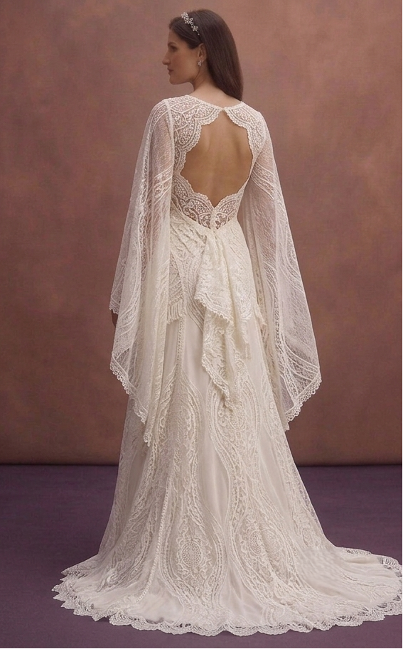 Ivory Boho Lace Wedding Dress with Flowy Sleeves