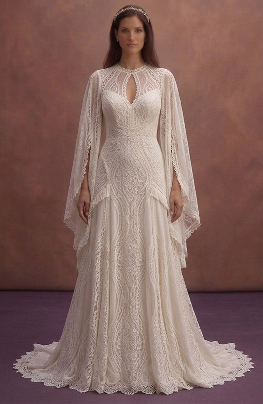 Ivory Boho Lace Wedding Dress with Flowy Sleeves