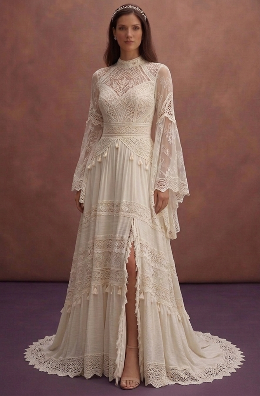 Ivory Boho Wedding Dress with Bell Sleeves