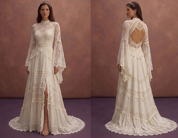 Ivory Boho Wedding Dress with Bell Sleeves