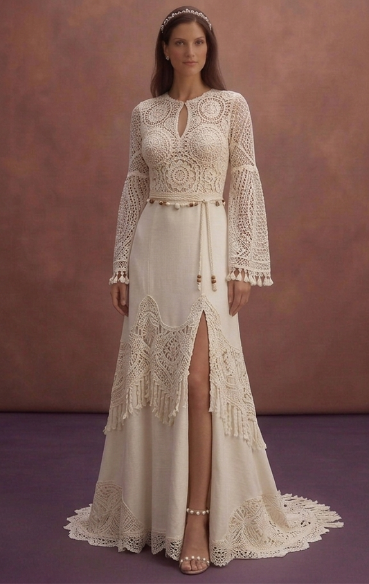 Ivory Boho Wedding Dress with Crochet Lace Sleeves