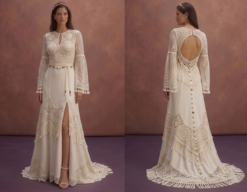 Ivory Boho Wedding Dress with Crochet Lace Sleeves