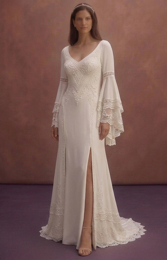 Ivory Boho Wedding Dress with Flowing Bell Sleeves