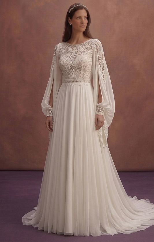 Ivory Boho Wedding Dress with Flowing Sleeve Design